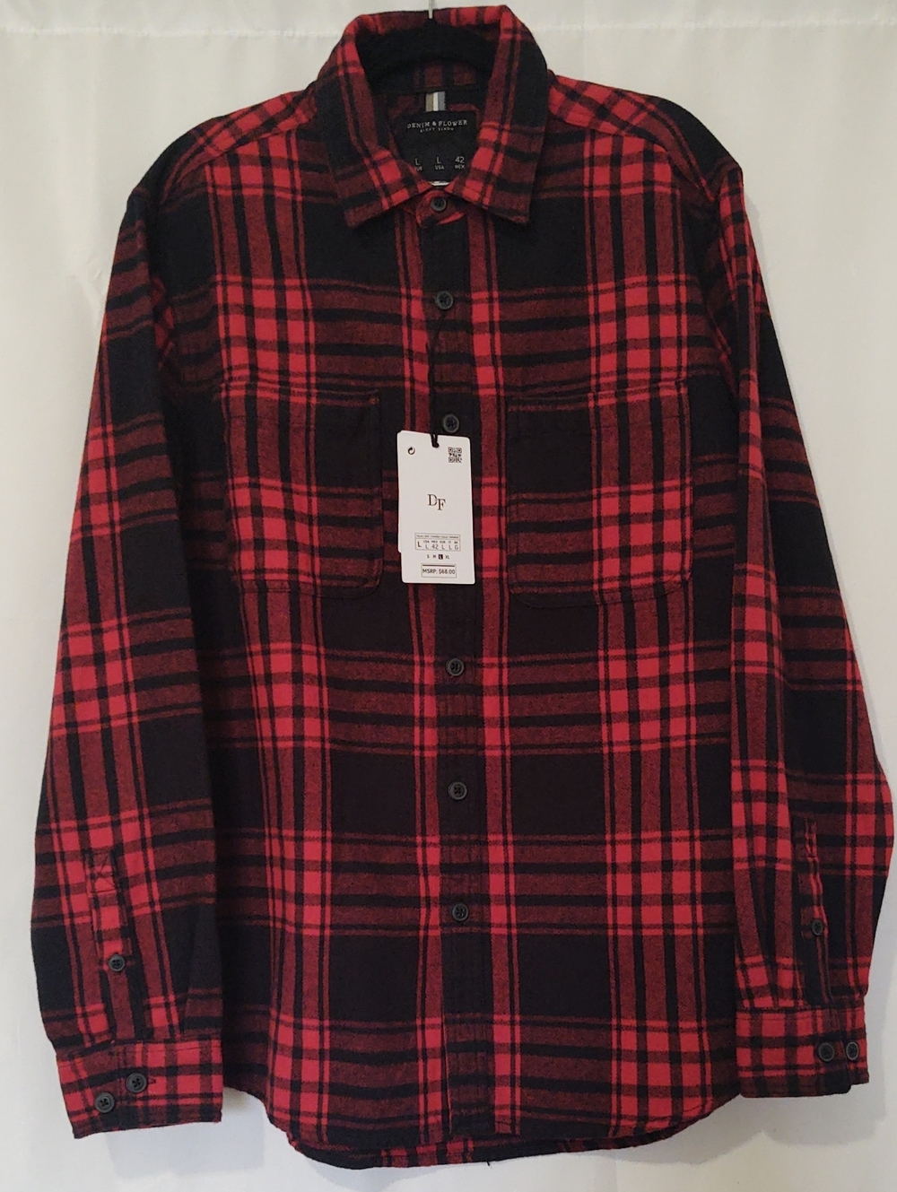 Denim & Flower Men's Red & Black Plaid Overshirt Large